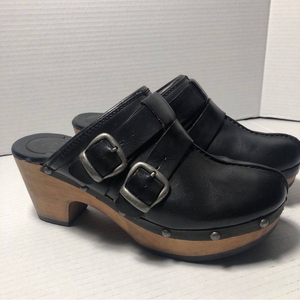Ariat Wooden Heeled Leather Clogs Black Silver Buckle Mule Sandals Women Size 9B
